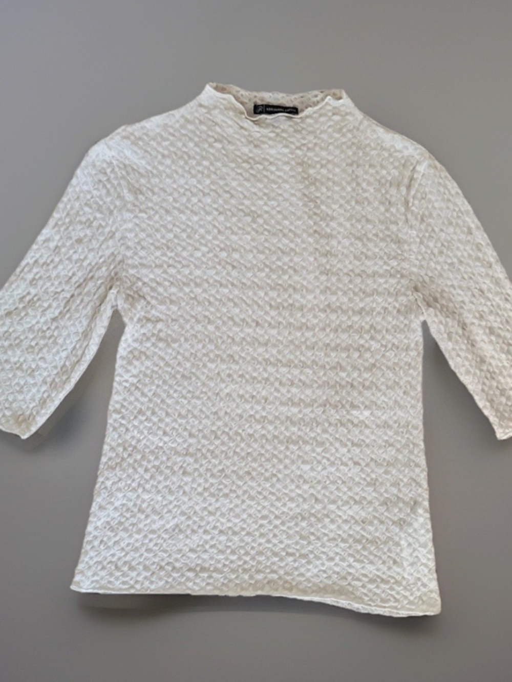 Textured Mesh Mock Neck Top 3/4 Sleeve